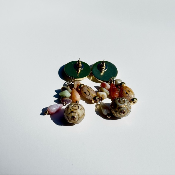 90s Huge Boho Gold-tone Pierced Post Dangle Earrings with Pink and Neutral Beads - Picture 3 of 3